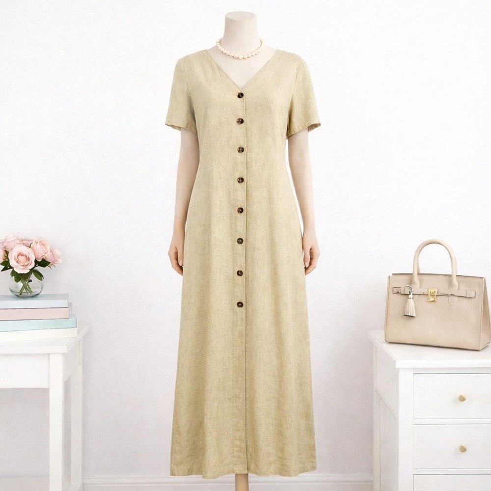 Vtg 80s John Roberts Medium Maxi Dress Linen Coastal Neutral Prarie Cottagecore